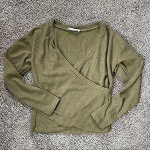 Waffle Knit Faux Wrap Long Sleeve Top in Olive Size M